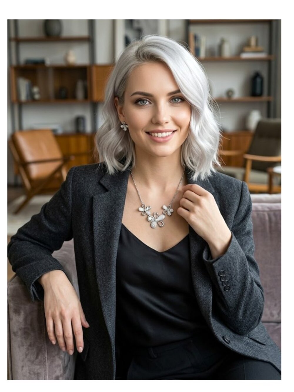 NECKLACE - Silver flowers with crystal and translucent petals